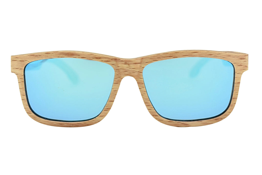Natural Beechwood Wooden Sunglasses With Blue Ice Mirror Lens Hand Made